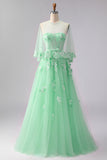 Green A Line Appliqued Corset Convertible Tulle Long Prom Dress