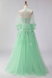 Green A Line Appliqued Corset Convertible Tulle Long Prom Dress