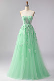 Green A Line Appliqued Corset Convertible Tulle Long Prom Dress