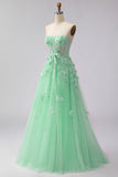 Green A Line Appliqued Corset Convertible Tulle Long Prom Dress