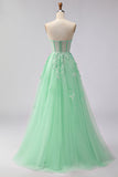 Green A Line Appliqued Corset Convertible Tulle Long Prom Dress