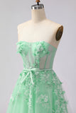 Green A Line Appliqued Corset Convertible Tulle Long Prom Dress