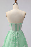 Green A Line Appliqued Corset Convertible Tulle Long Prom Dress
