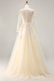 Yellow A Line Corset Beaded Appliqued Tulle Long Prom Dress with Sequins