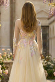 Yellow A Line Corset Beaded Appliqued Tulle Long Prom Dress with Sequins