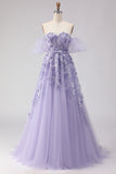 Off the Shoulder Purple A Line Sequin Beaded Long Prom Dress with Removable Sleeves