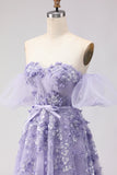 Off the Shoulder Purple A Line Sequin Beaded Long Prom Dress with Removable Sleeves
