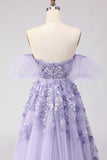 Off the Shoulder Purple A Line Sequin Beaded Long Prom Dress with Removable Sleeves