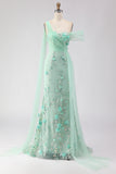 Green Mermaid One Shoulder Sequin 3D Flower Long Prom Dress with Streamer
