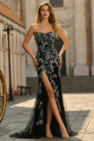 Black Mermaid Strapless Beaded Sequins Satin Long Prom Dress with Slit