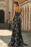 Black Mermaid Strapless Beaded Sequins Satin Long Prom Dress with Slit