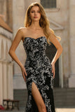 Black Mermaid Strapless Beaded Sequins Satin Long Prom Dress with Slit