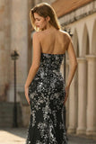 Black Mermaid Strapless Beaded Sequins Satin Long Prom Dress with Slit