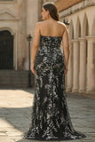 Black Mermaid Plus Size Strapless Beaded Sequins Satin Long Prom Dress with Slit