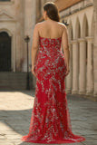 Black Mermaid Plus Size Strapless Beaded Sequins Satin Long Prom Dress with Slit