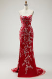 Red Mermaid Strapless Beaded Sequins Corset Satin Long Prom Dress with Slit