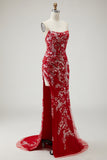 Red Mermaid Strapless Beaded Sequins Corset Satin Long Prom Dress with Slit