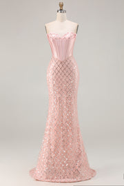 Sparkly Blush Sweetheart Mermaid Corset Beaded Long Prom Dress with Sequins