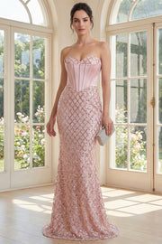 Sparkly Blush Sweetheart Mermaid Corset Beaded Long Prom Dress with Sequins