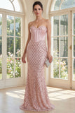 Sparkly Blush Sweetheart Mermaid Corset Beaded Long Prom Dress with Sequins