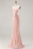 Sparkly Blush Sweetheart Mermaid Corset Beaded Long Prom Dress with Sequins