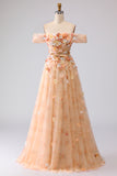 Off the Shoulder Green A Line Long Prom Dress with 3D Flowers