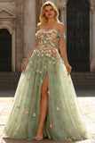 Off the Shoulder Green A Line Long Prom Dress with 3D Flowers