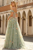Off the Shoulder Green A Line Long Prom Dress with 3D Flowers