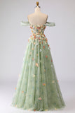 Off the Shoulder Green A Line Long Prom Dress with 3D Flowers