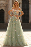 Champagne Off the Shoulder 3D Flower A Line Long Prom Dress with Slit