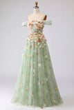 Off the Shoulder Green A Line Long Prom Dress with 3D Flowers