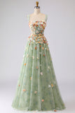 Off the Shoulder Green A Line Long Prom Dress with 3D Flowers