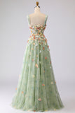 Off the Shoulder Green A Line Long Prom Dress with 3D Flowers