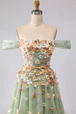 Off the Shoulder Green A Line Long Prom Dress with 3D Flowers