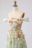 Off the Shoulder Green A Line Long Prom Dress with 3D Flowers