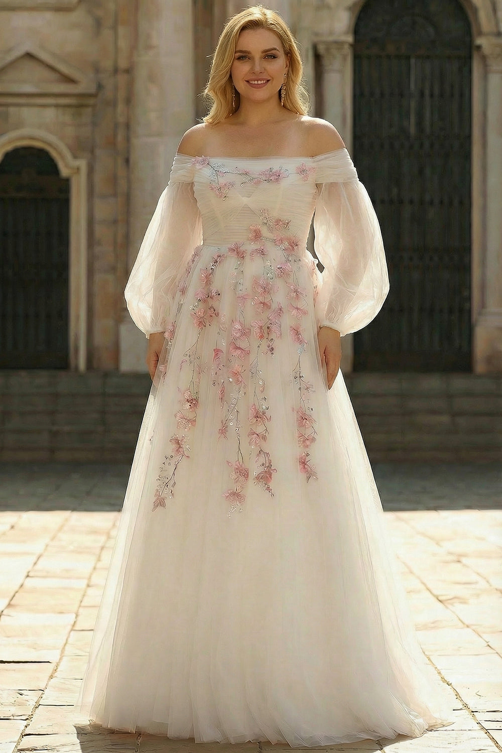 WEDTREND Women White Plus Size Off the Shoulder Prom Dress A Line Embroidered Tulle Long Party Dress with Sequins, White / US20W