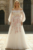Off the Shoulder Plus Size A Line White Embroidered Tulle Long Prom Dress with Sequins
