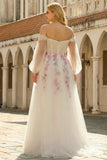 Off the Shoulder Plus Size A Line White Embroidered Tulle Long Prom Dress with Sequins