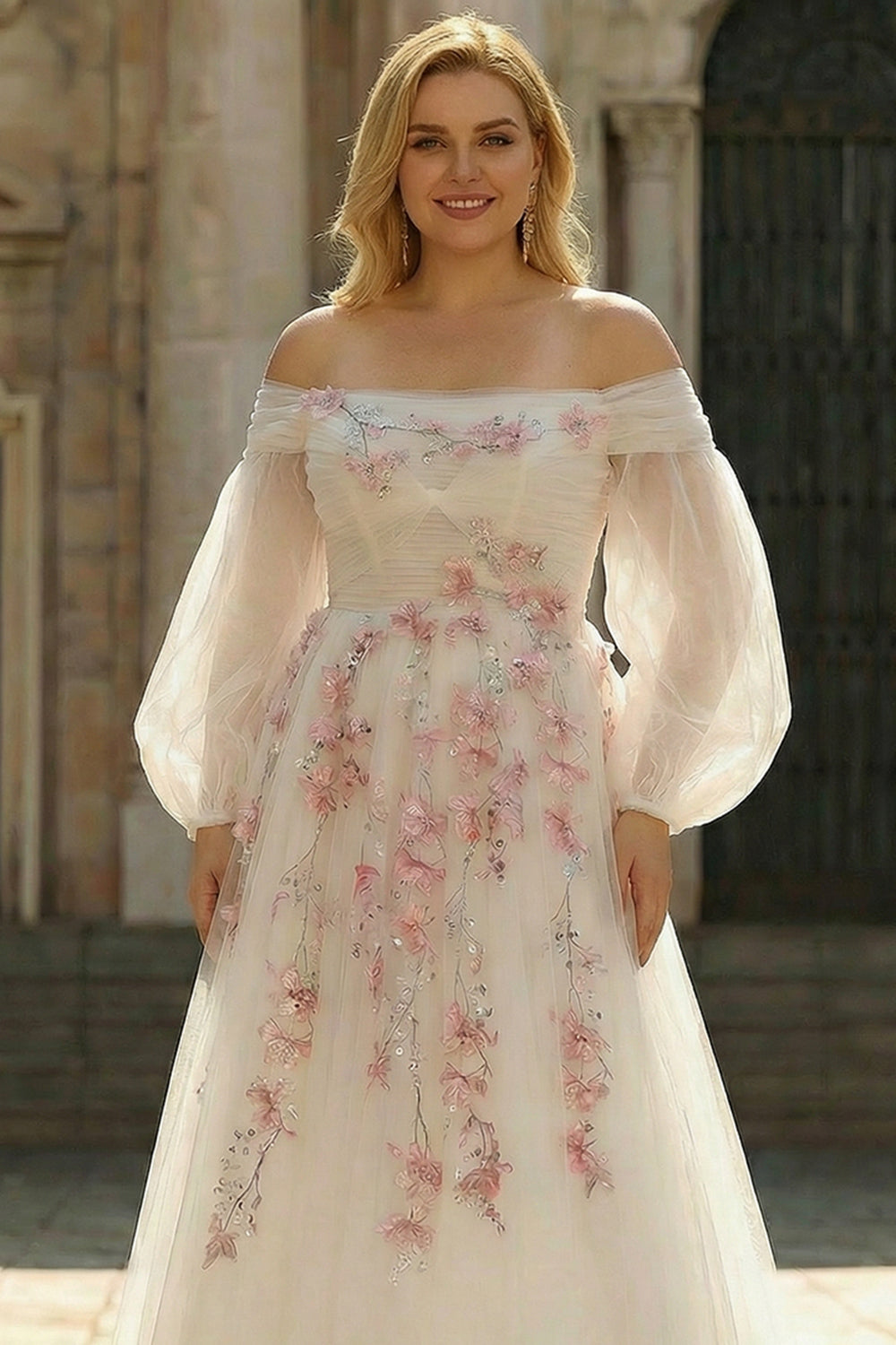 WEDTREND Women White Plus Size Off the Shoulder Prom Dress A Line Embroidered Tulle Long Party Dress with Sequins, White / US20W