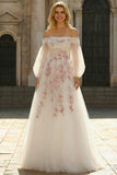 Off the Shoulder A Line White Embroidered Tulle Long Prom Dress with Sequins