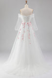 Off the Shoulder A Line White Embroidered Tulle Long Prom Dress with Sequins