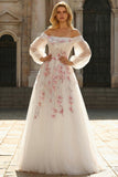 Off the Shoulder A Line White Embroidered Tulle Long Prom Dress with Sequins