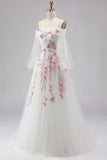 Off the Shoulder A Line White Embroidered Tulle Long Prom Dress with Sequins