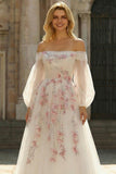 Off the Shoulder A Line White Embroidered Tulle Long Prom Dress with Sequins