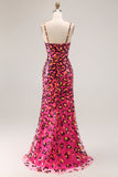 Fuchsia Leopard Mermaid Spaghetti Straps Sequins Long Prom Dress with Slit