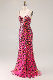 Fuchsia Leopard Mermaid Spaghetti Straps Sequins Long Prom Dress with Slit