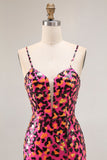 Fuchsia Leopard Mermaid Spaghetti Straps Sequins Long Prom Dress with Slit