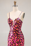 Fuchsia Leopard Mermaid Spaghetti Straps Sequins Long Prom Dress with Slit