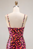 Fuchsia Leopard Mermaid Spaghetti Straps Sequins Long Prom Dress with Slit