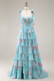 Blue Pink Flower A Line Tiered Ruffle Long Prom Dress with Lace Up Back